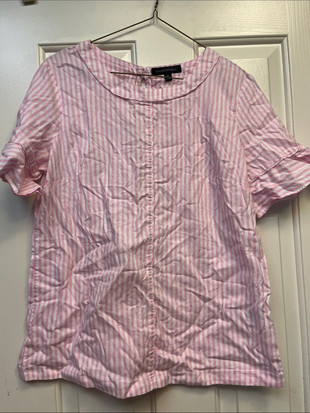 Banana Republic Pink & White Striped Ruffle Sleeve Blouse M NWOT